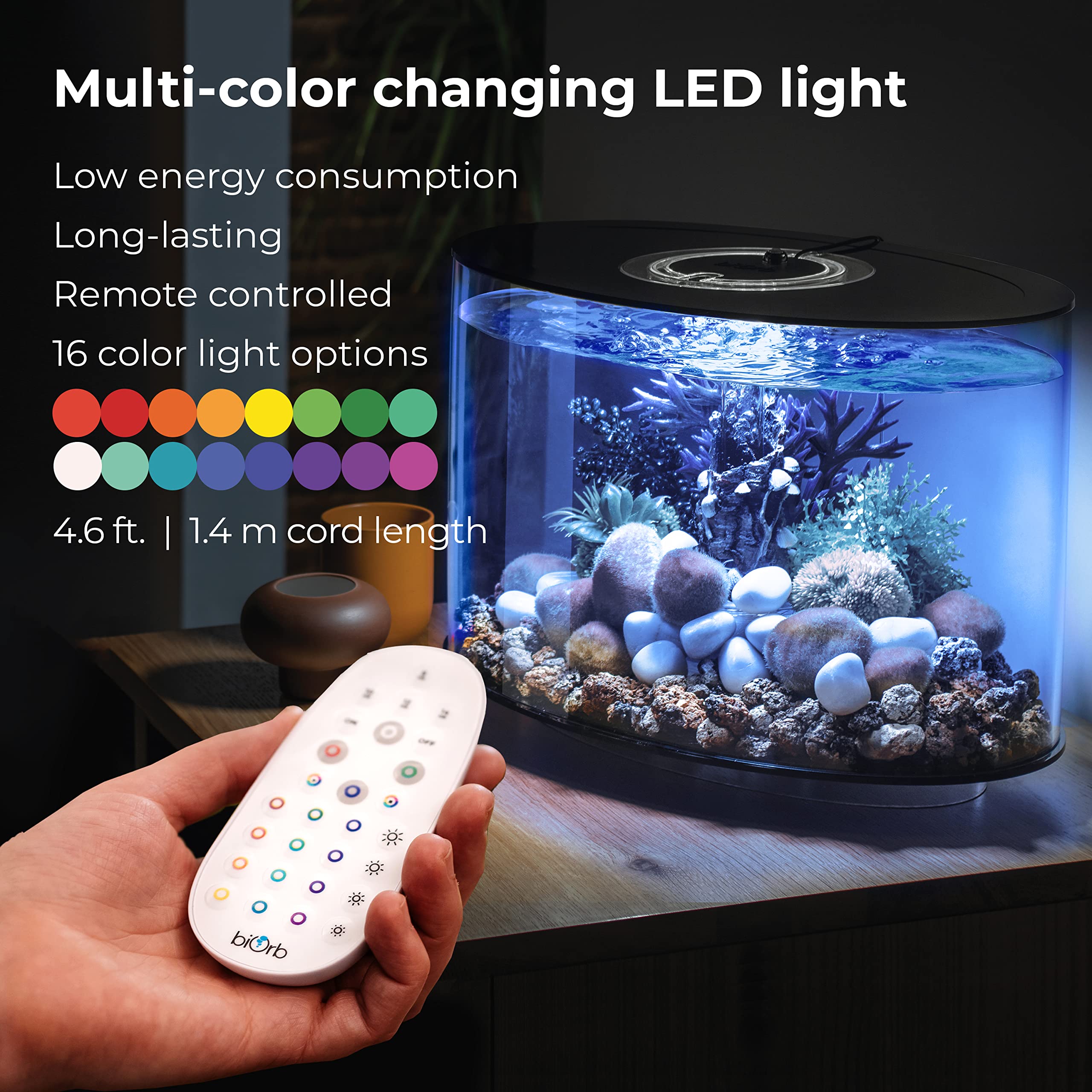 biOrb Loop 15 Acrylic 4-Gallon Aquarium with Multi-Color Remote-Controlled LED Lights Modern Compact Tank for Tabletop or Desktop Display, White-Trimmed Tank - Image 6
